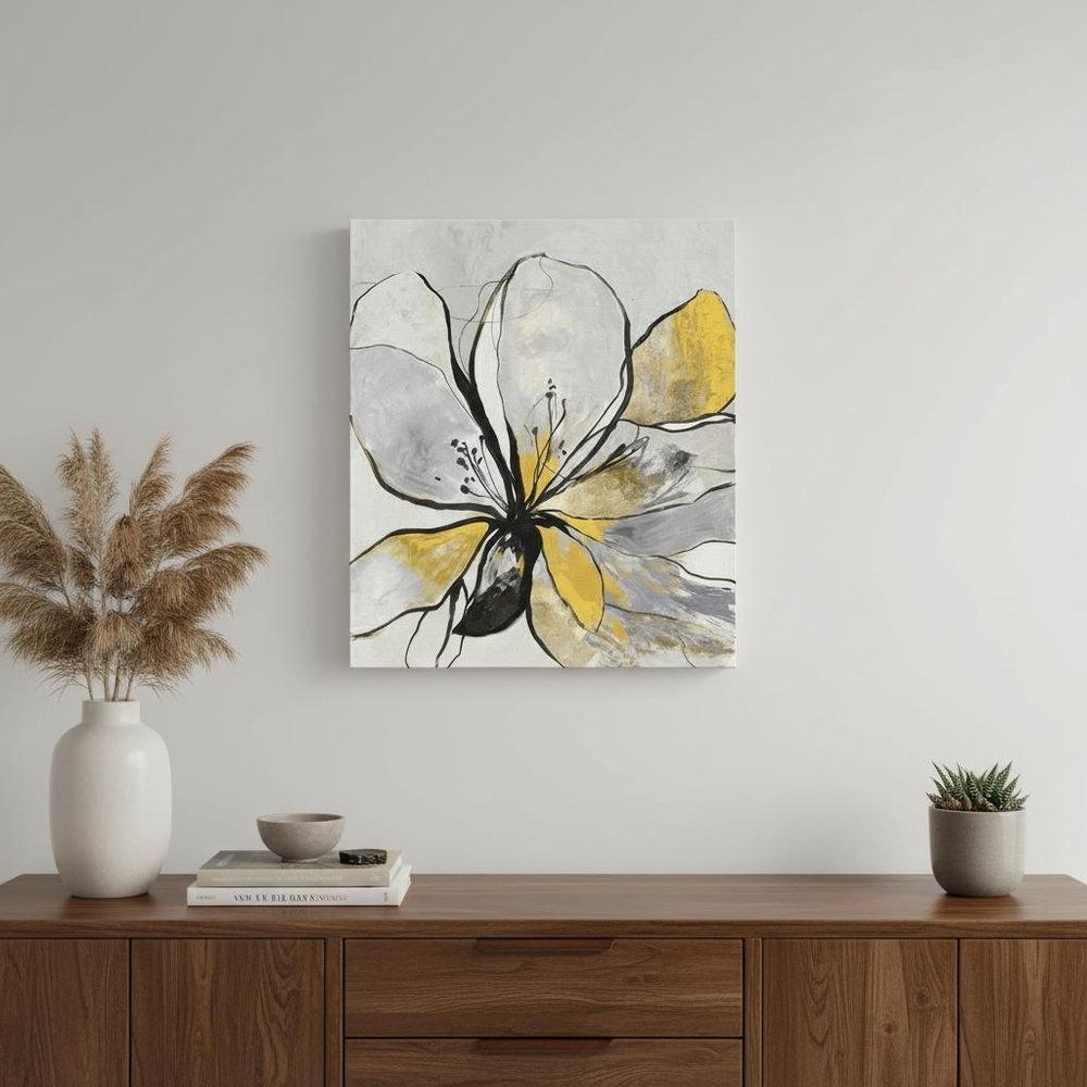 20" Modern Yellow and Black Flower in Bloom Canvas Wall Art