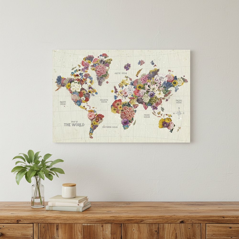 24" x 16" Fun Floral Map of the World Canvas Wall Art
