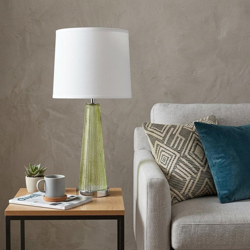 29" Green Glass Buffet Lamp With Off White Empire Shade