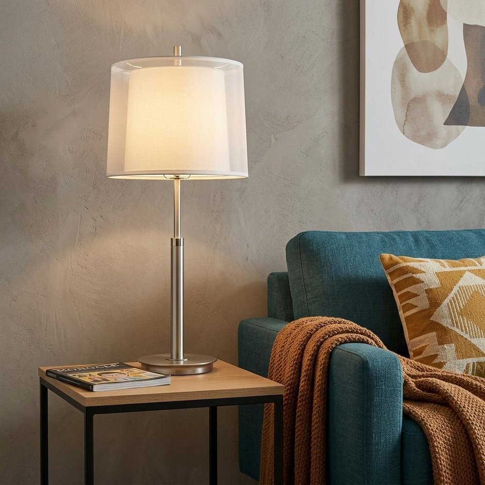 31" Silver Metal Table Lamp With White Empire Shade