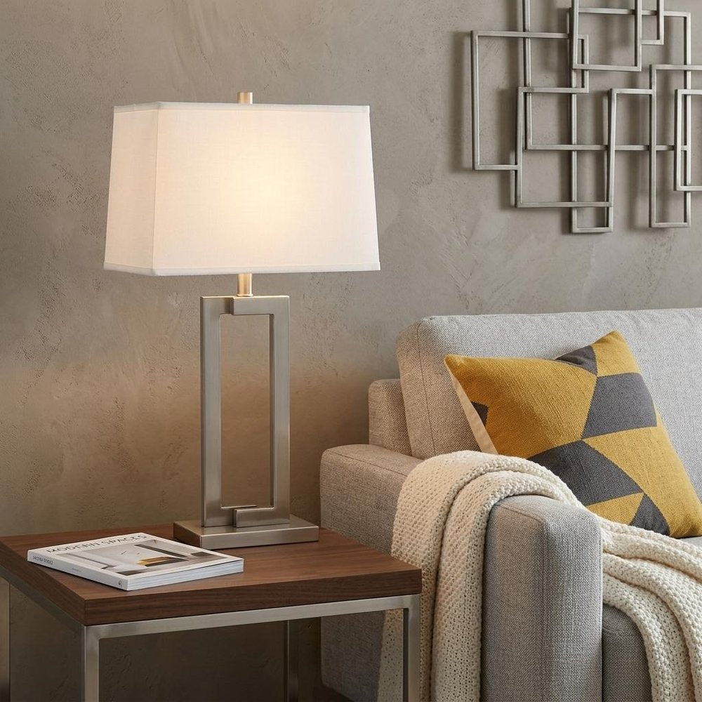 30" Silver Metal Table Lamp With White Rectangular Shade