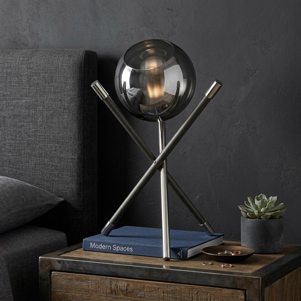18" Black Metal Tripod Table Lamp With Nickel Globe Shade