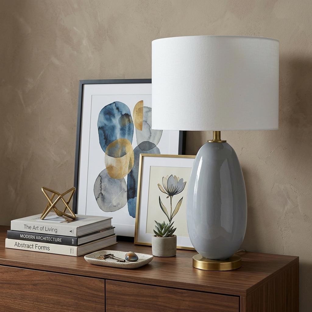 29" Light Gray Glass Table Lamp With White Drum Shade