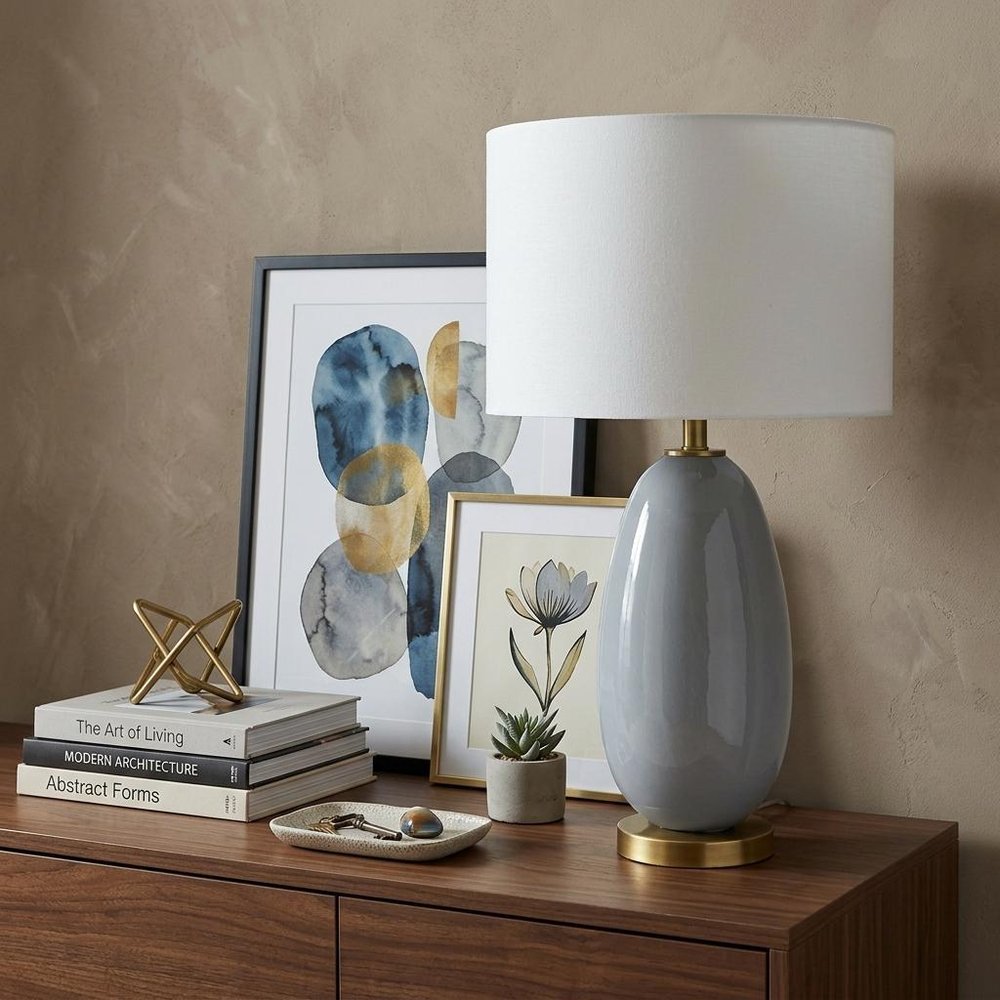 29" Light Gray Glass Table Lamp With White Drum Shade