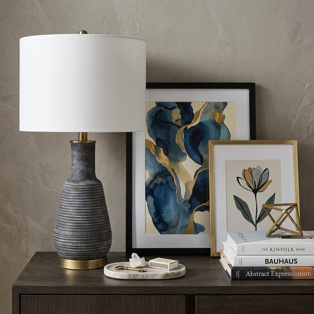 26" Distressed Black and Gold Ceramic Table Lamp With White Drum Shade