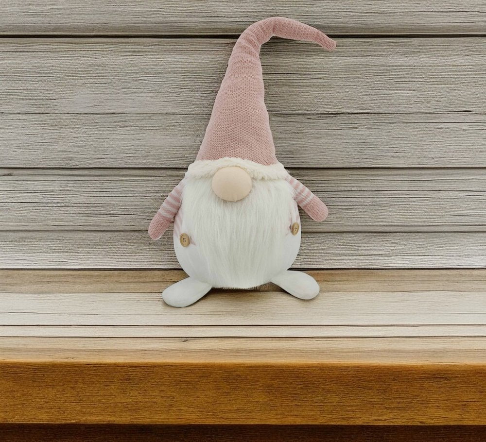 29" Pink And White Fabric Christmas Standing Gnome Tabletop Sculpture