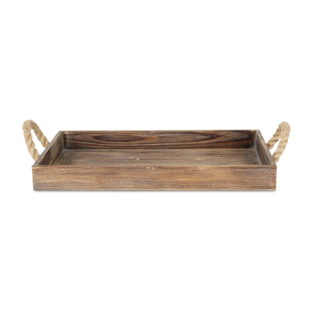 Dark Brown Wooden Tray with Rope Handles