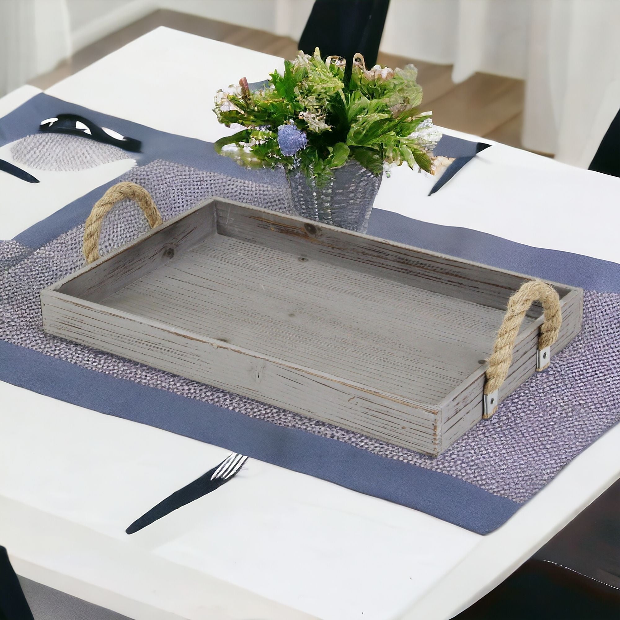Gray Wooden Tray with Rope Handles