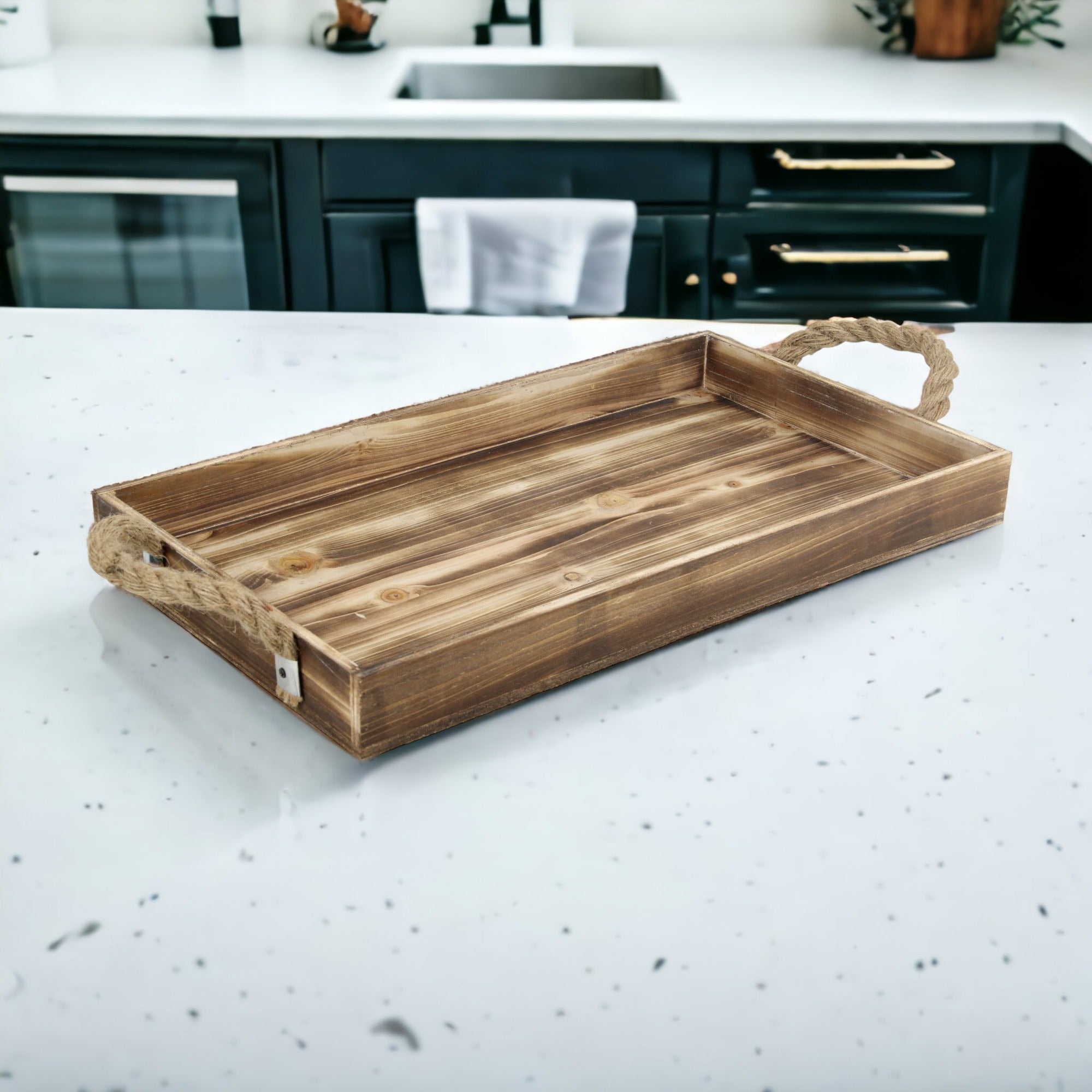 Brown Wooden Tray with Rope Handles