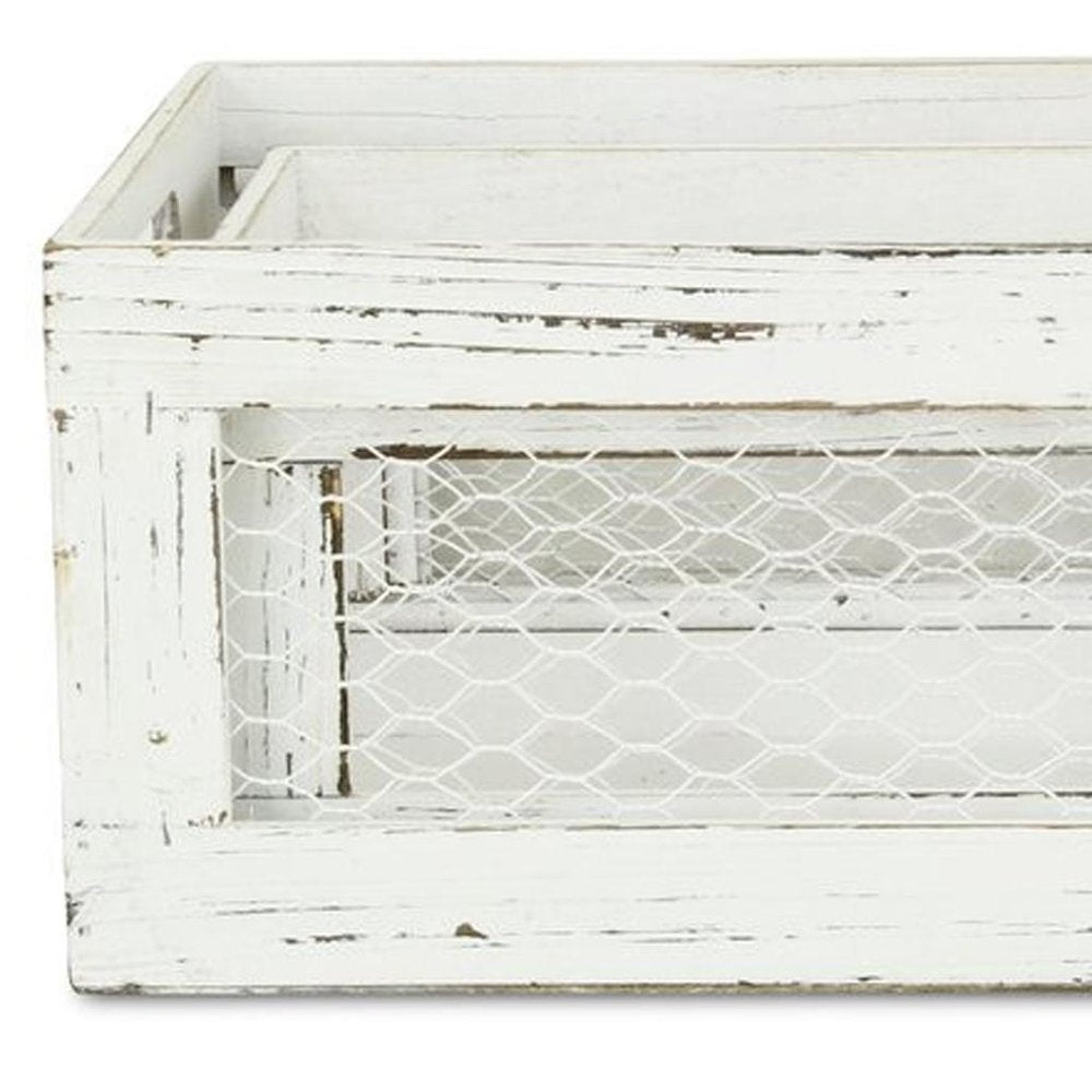 Set of Two Rustic Whitewash Chicken Wire Sides Wooden Crates