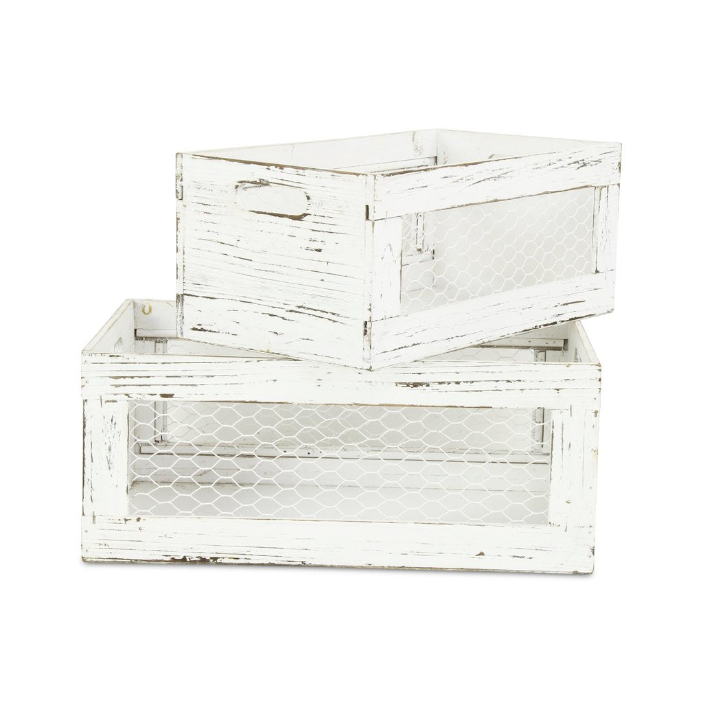 Set of Two Rustic Whitewash Chicken Wire Sides Wooden Crates