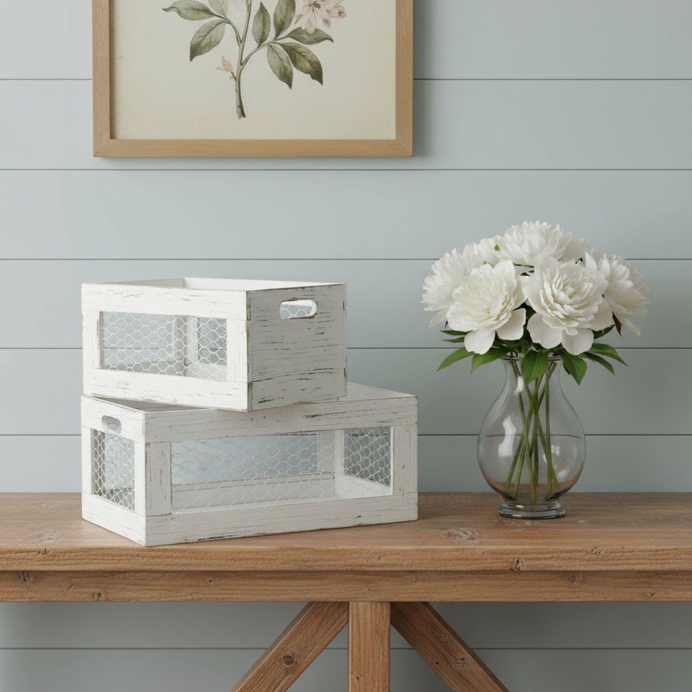 Set of Two Rustic Whitewash Chicken Wire Sides Wooden Crates