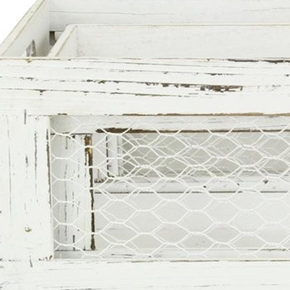 Set of Two Rustic Whitewash Chicken Wire Sides Wooden Crates