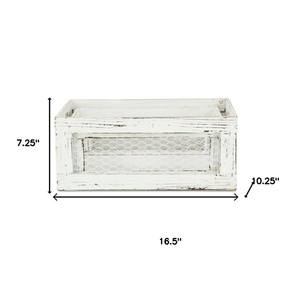 Set of Two Rustic Whitewash Chicken Wire Sides Wooden Crates