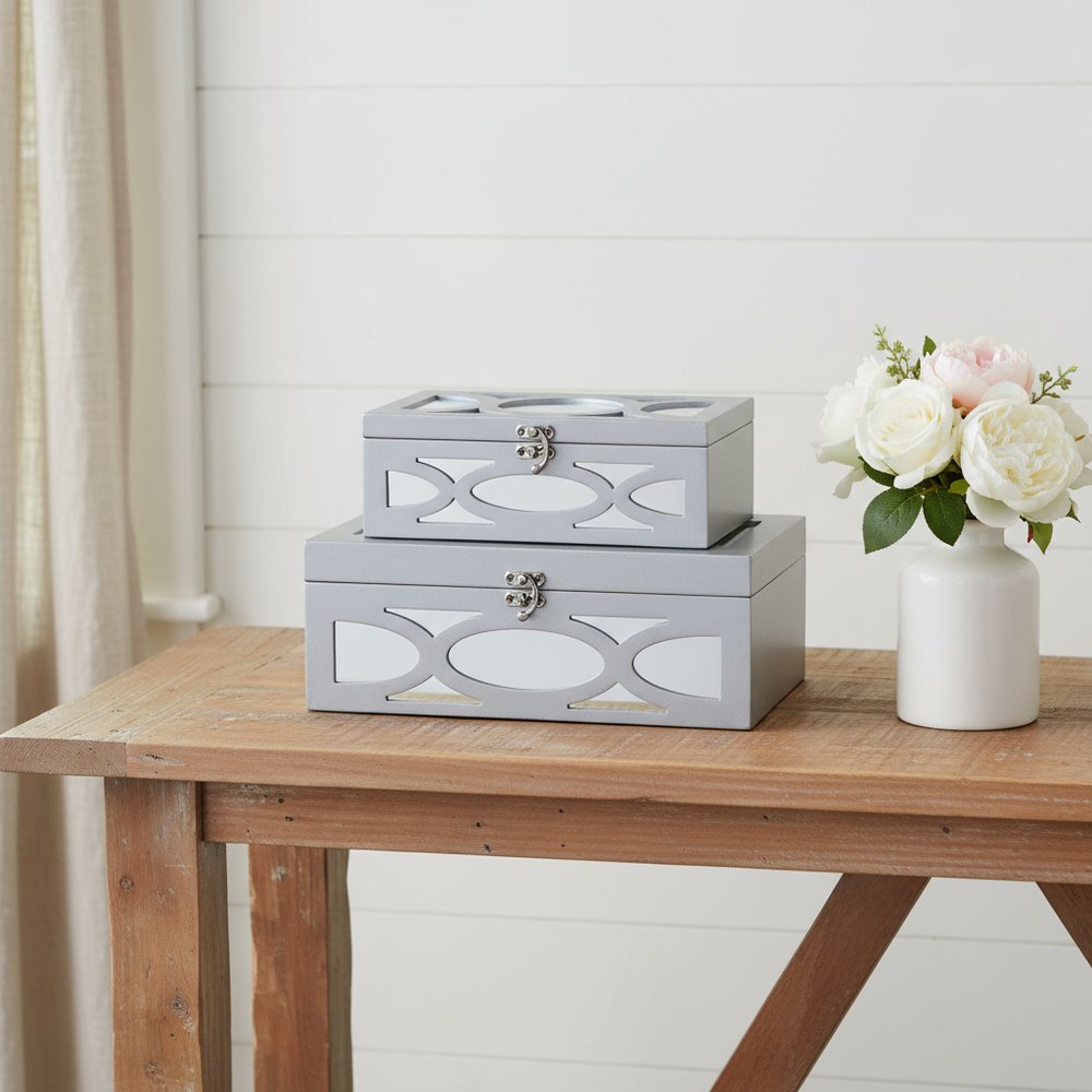 Set of Two Silver Mirrored Glass And Wood Box With Lid