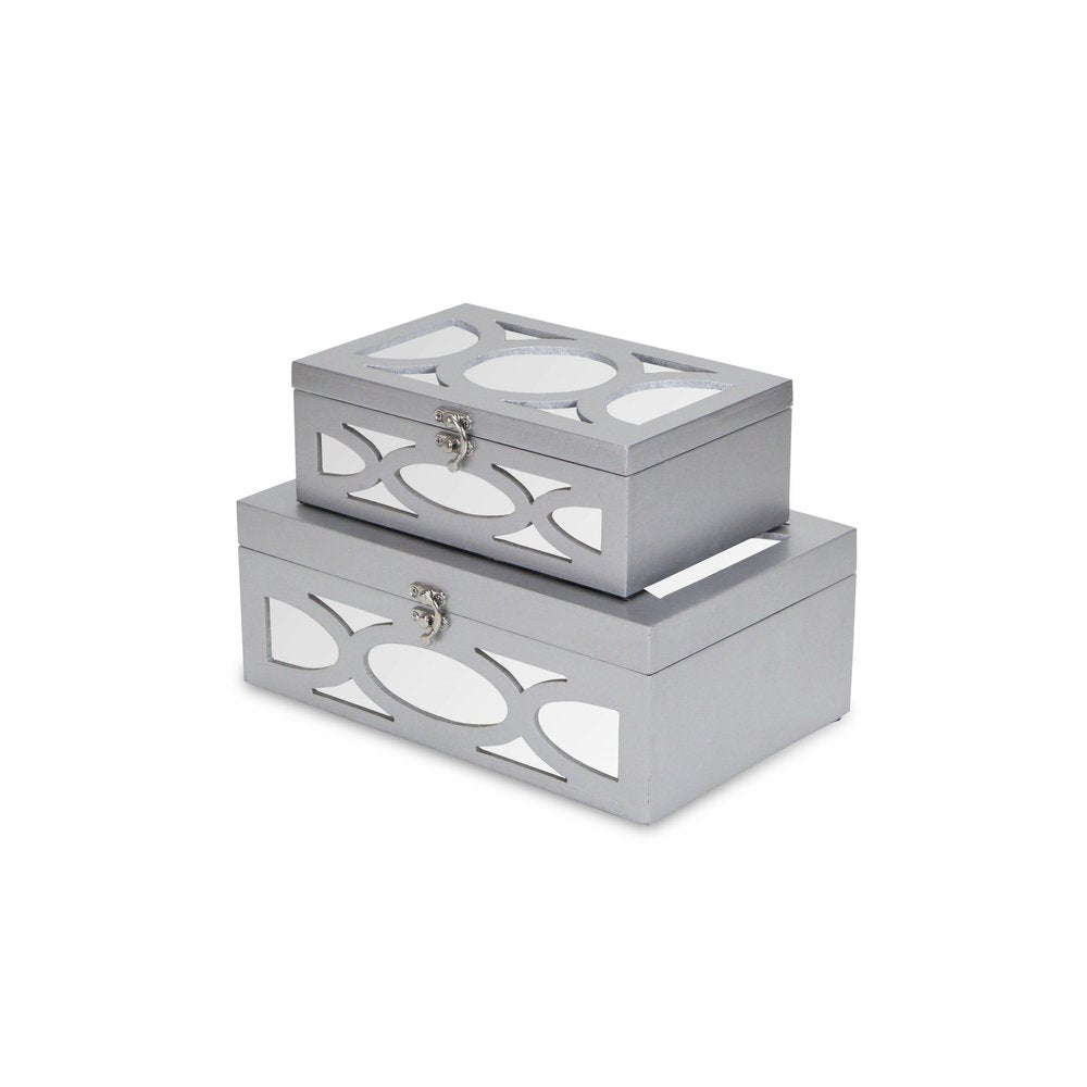 Set of Two Silver Mirrored Glass And Wood Box With Lid