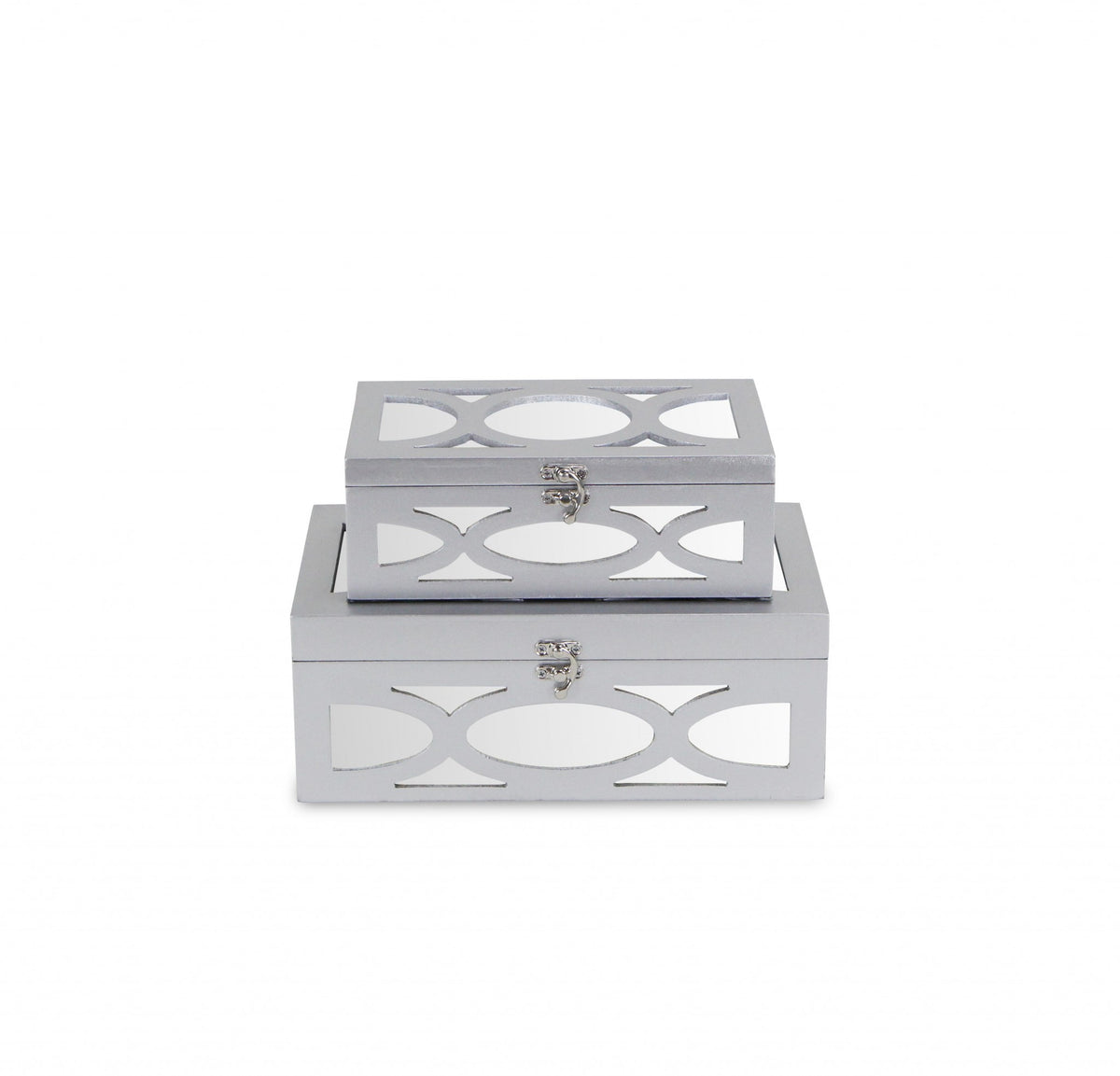 Set of Two Silver Mirrored Glass And Wood Box With Lid