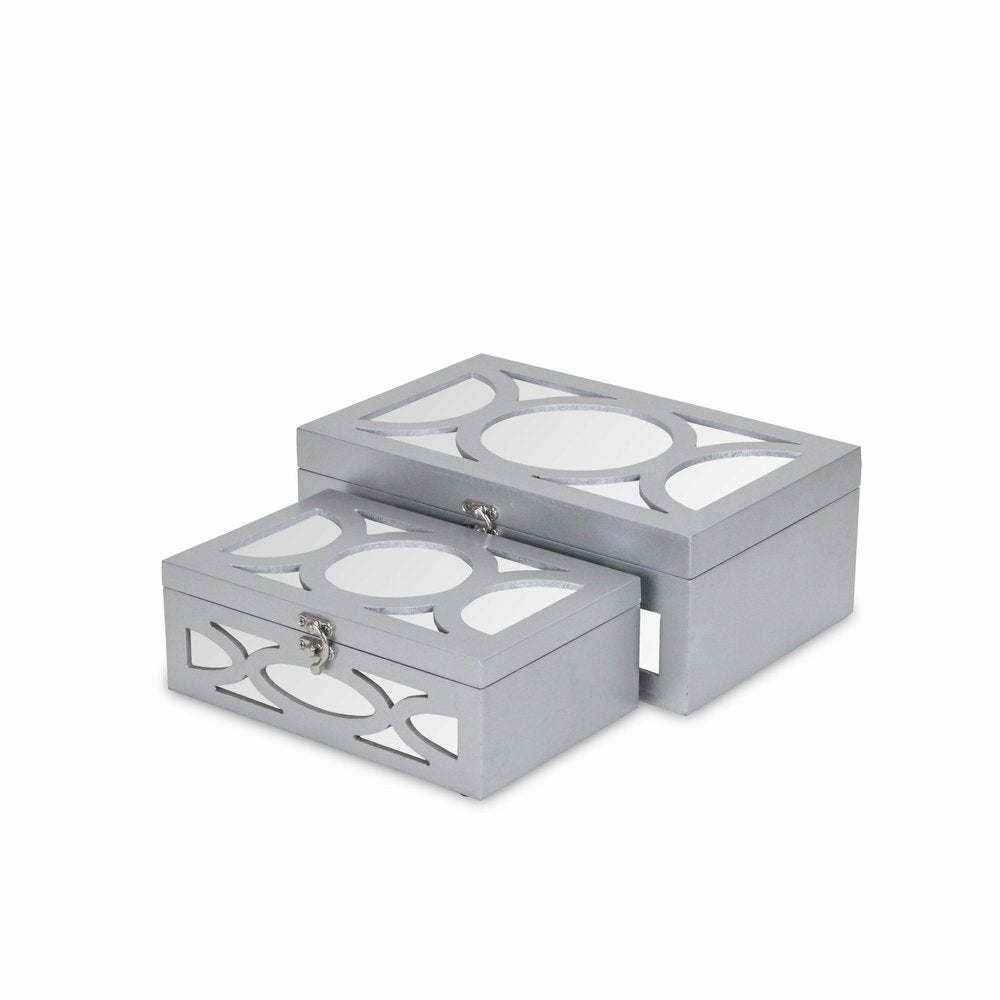 Set of Two Silver Mirrored Glass And Wood Box With Lid