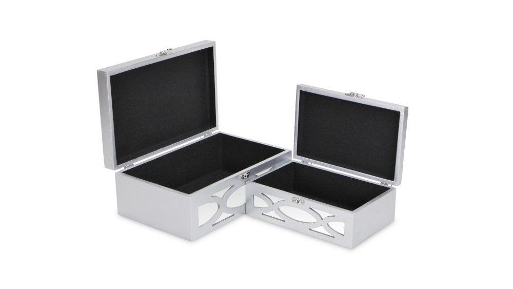 Set of Two Silver Mirrored Glass And Wood Box With Lid