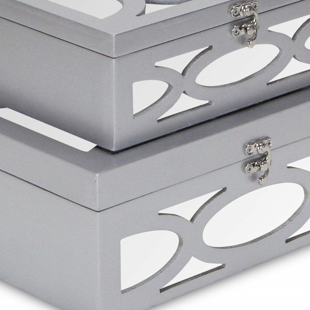 Set of Two Silver Mirrored Glass And Wood Box With Lid