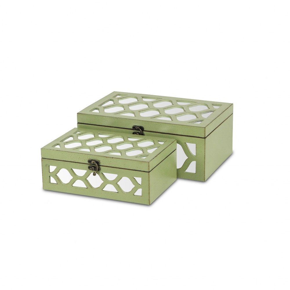 Set of Two Green Mirrored Glass And Solid Wood Box With Lid
