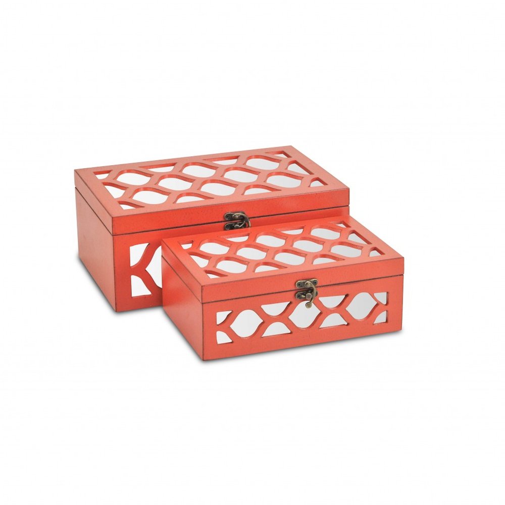 Set of Two Orange Mirrored Glass And Solid Wood Box With Lid