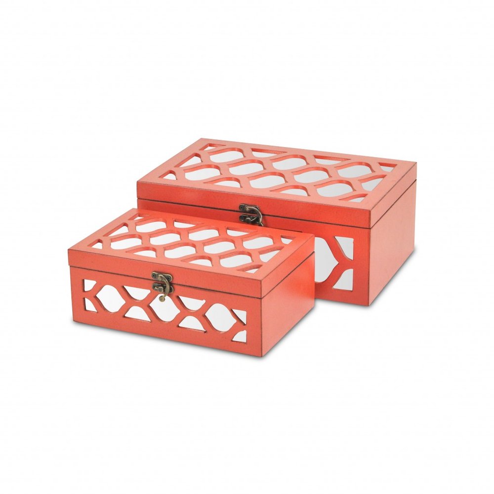Set of Two Orange Mirrored Glass And Solid Wood Box With Lid