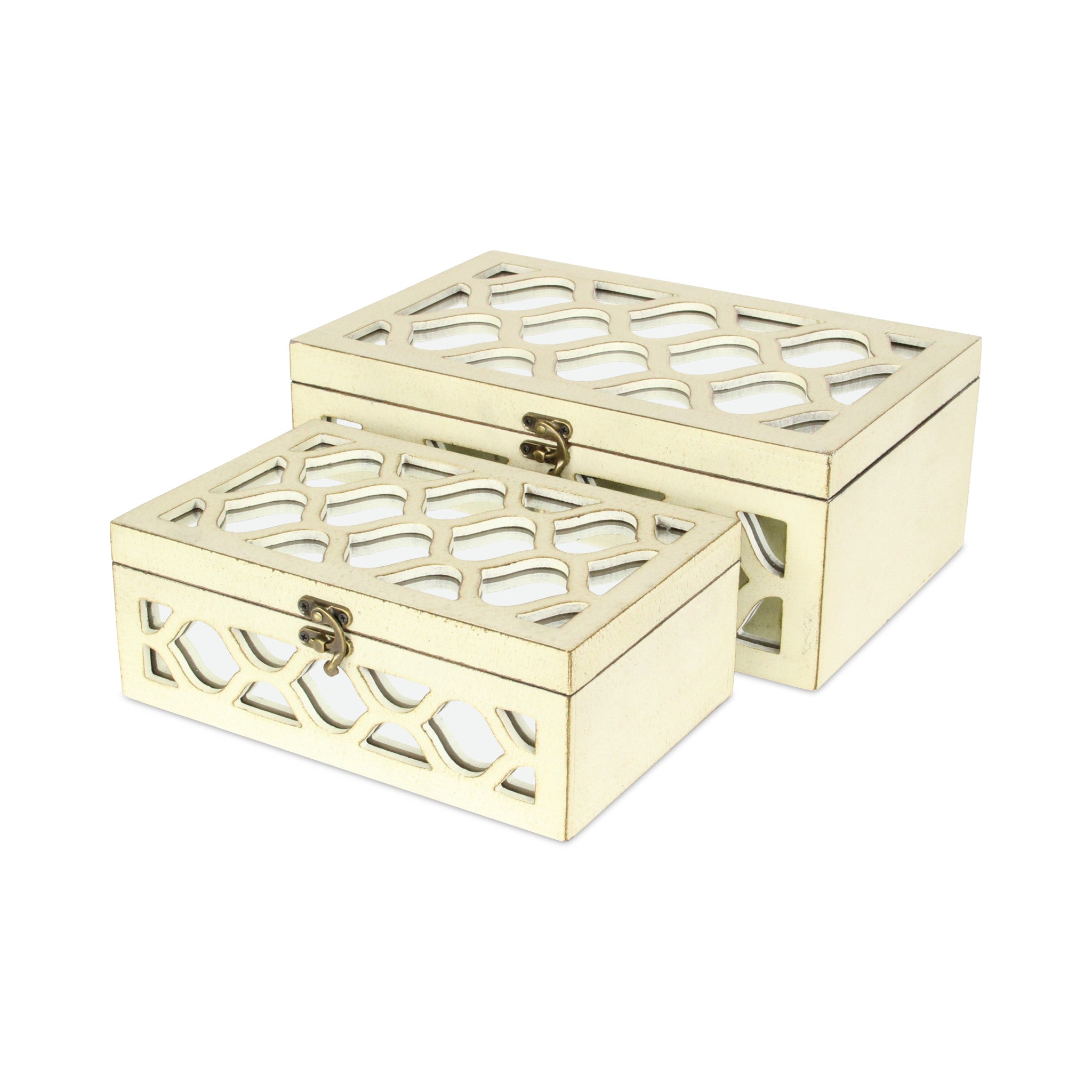 Set of White Quatrefoil Mirror Jewelry Storage Boxes