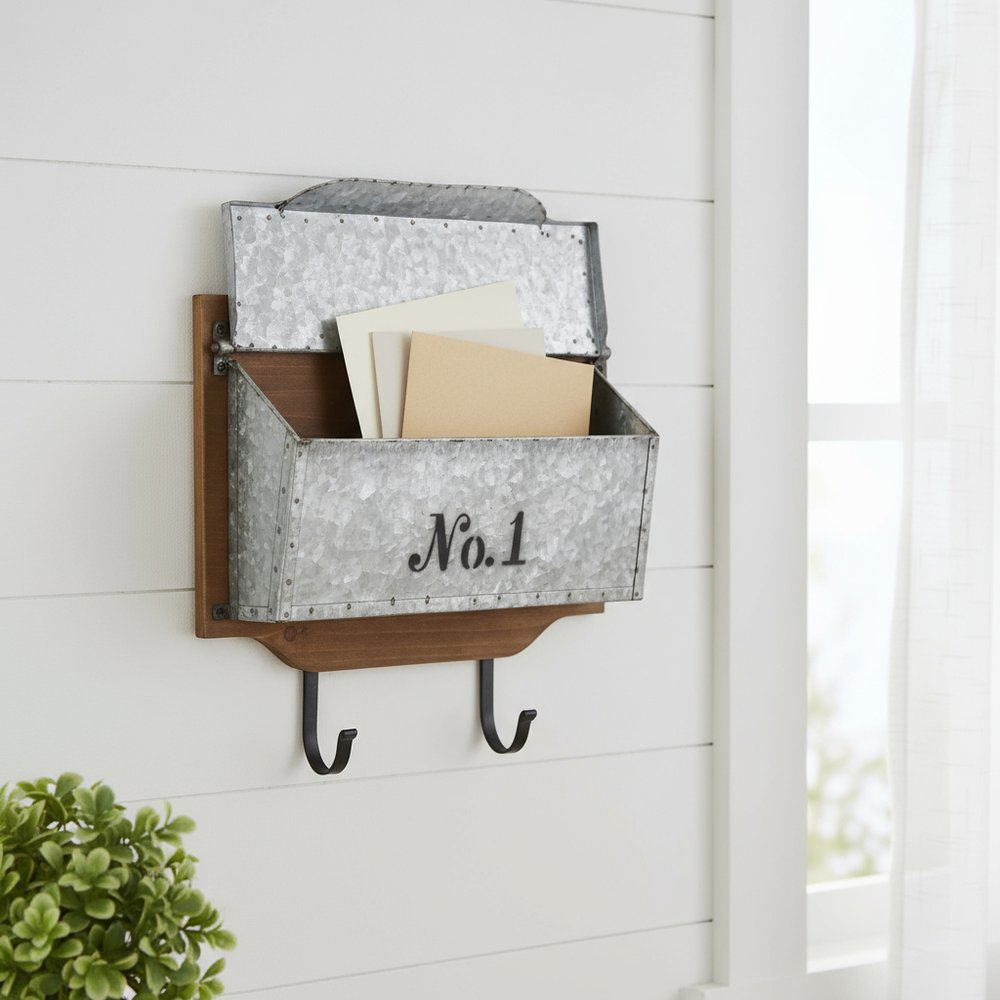 14" Brown And Gray Metal And Solid Wood Mail Box With Lid