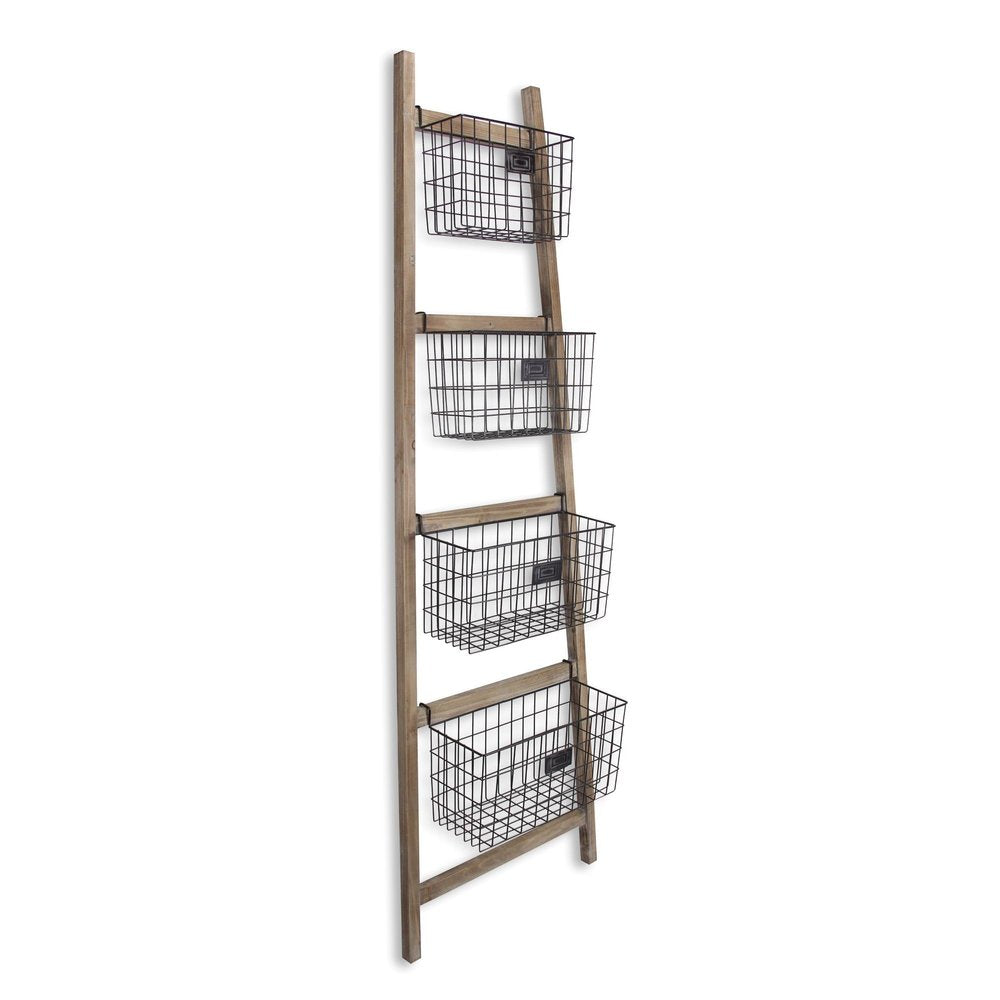73" Natural And Black Wood And Metal Storage Ladder With Baskets