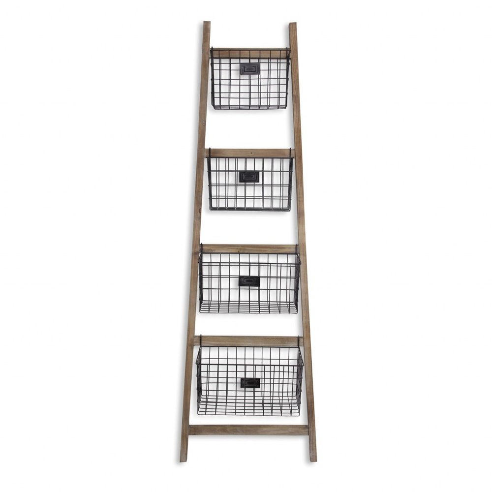 73" Natural And Black Wood And Metal Storage Ladder With Baskets