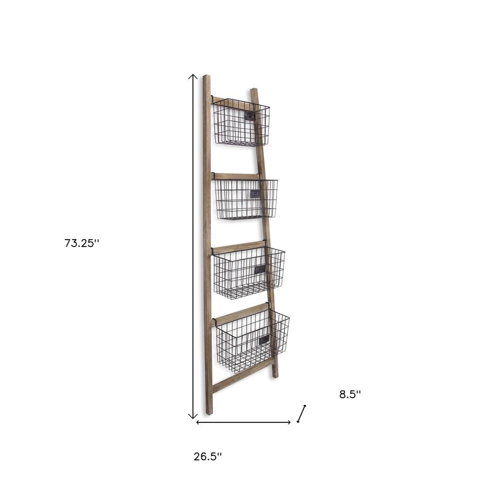 73" Natural And Black Wood And Metal Storage Ladder With Baskets