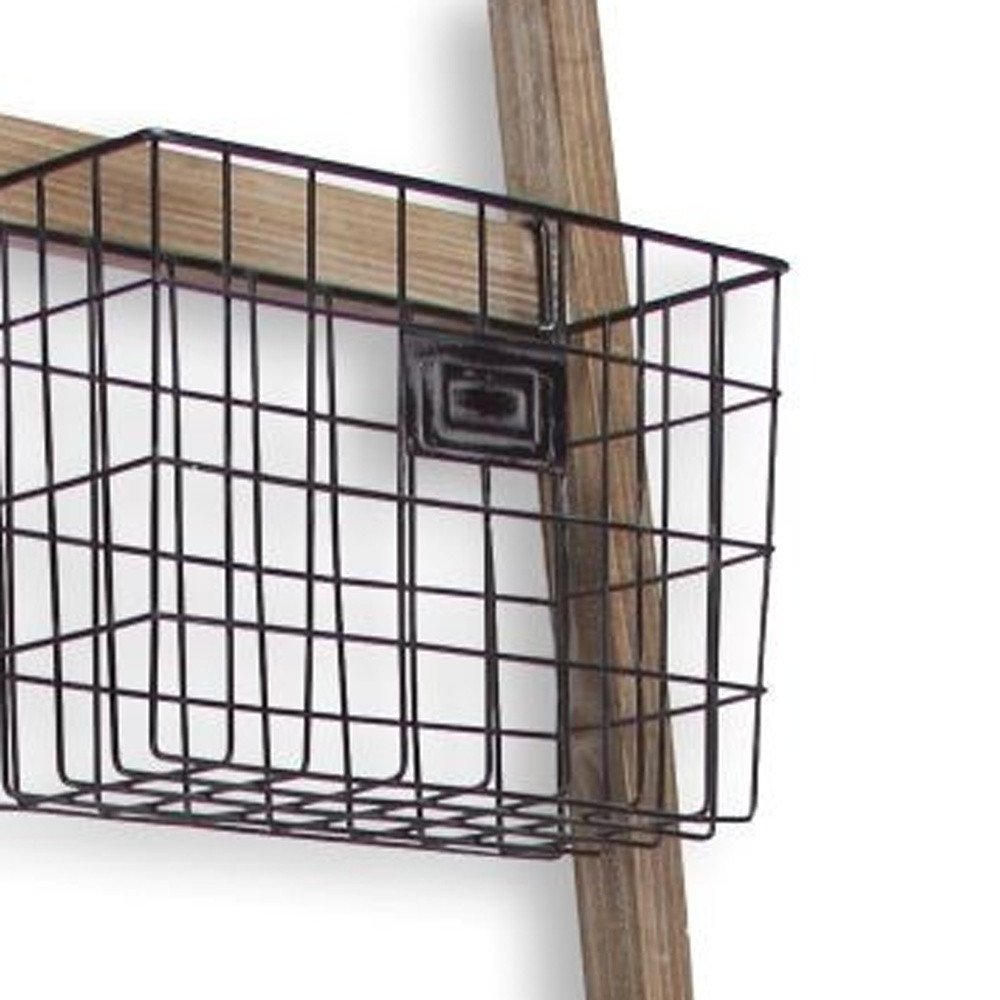 73" Natural And Black Wood And Metal Storage Ladder With Baskets