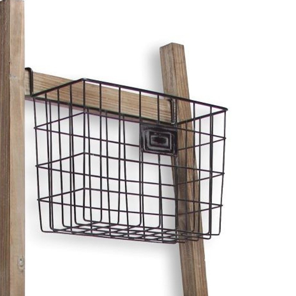 73" Natural And Black Wood And Metal Storage Ladder With Baskets