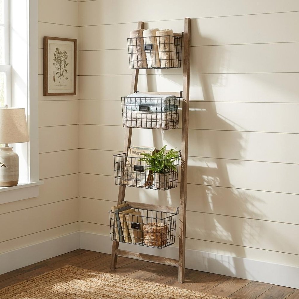 73" Natural And Black Wood And Metal Storage Ladder With Baskets