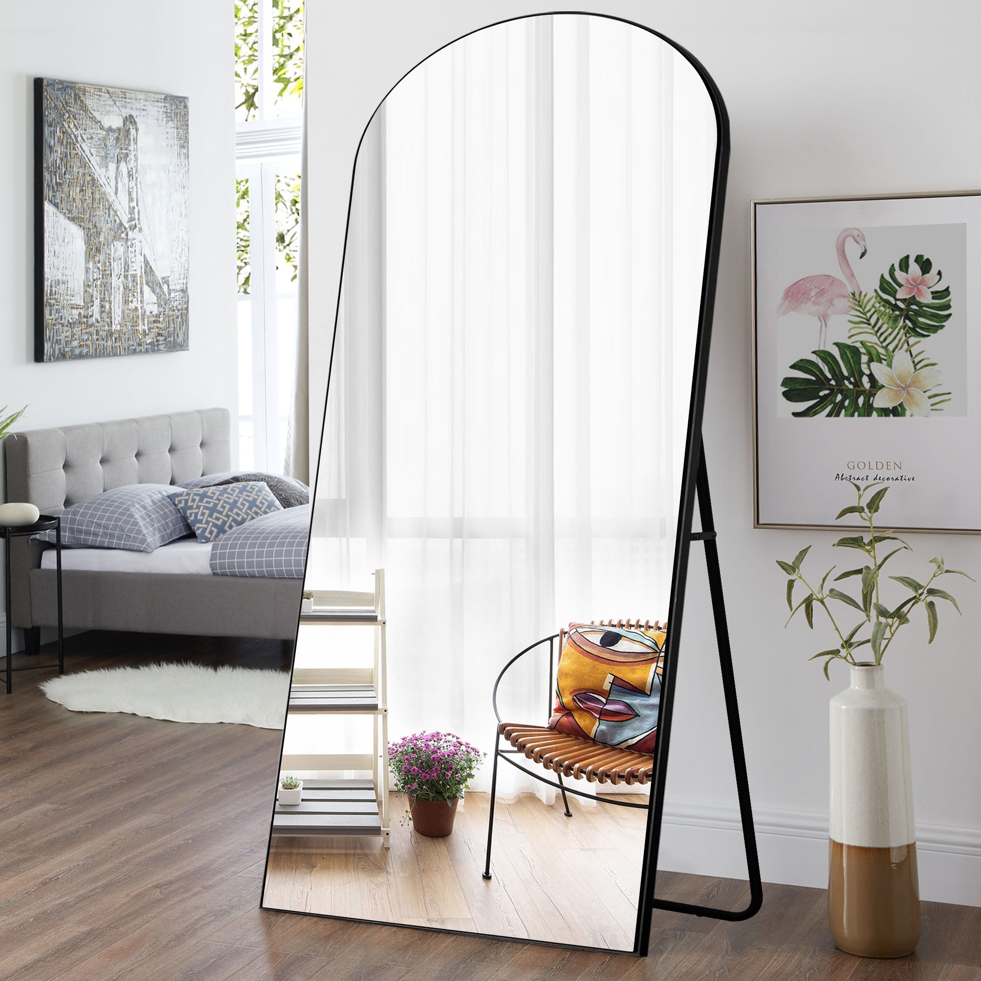 Petite Black Arched Wooden Mirror