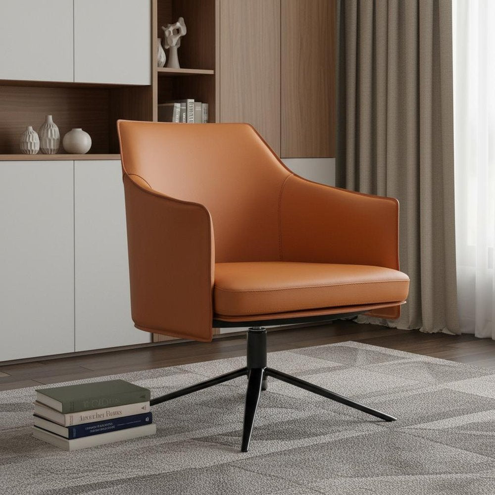 26" Terra Cotta and Black Faux Leather Swivel Lounge Chair