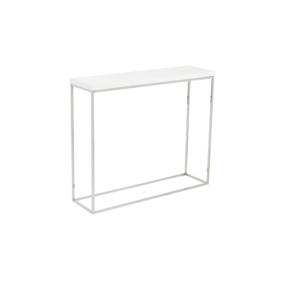 35" White and Silver Wood and Stainless Steel Frame Console Table