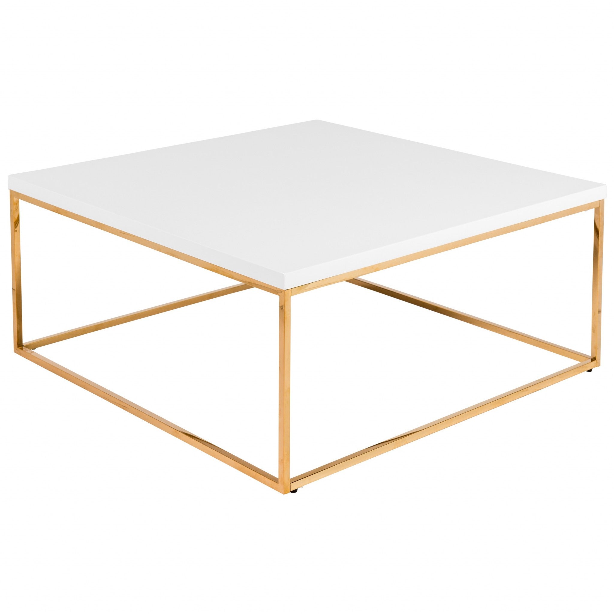 35" White and Gold Wood And Metal Square Frame Coffee Table