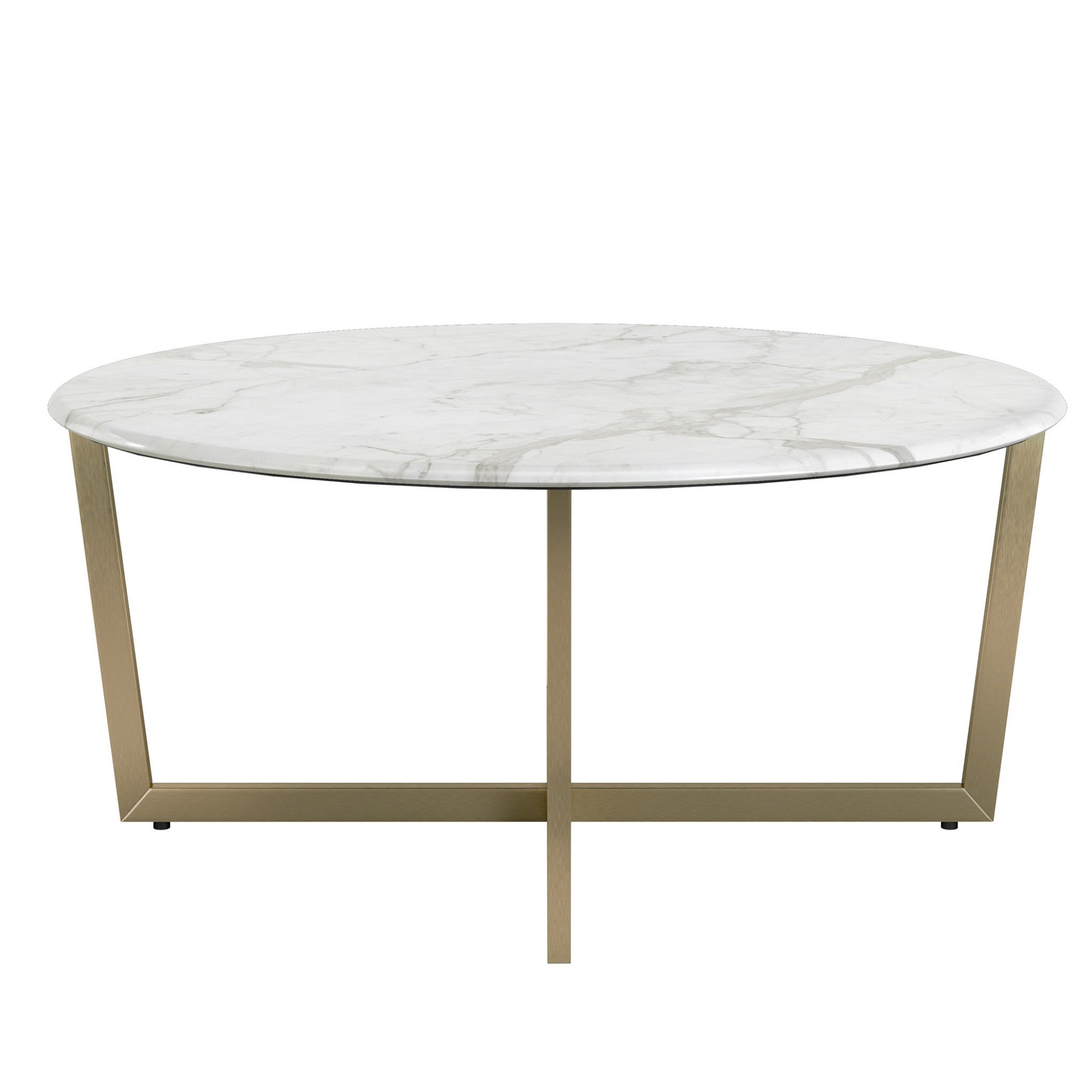 36" White and Gold Wood And Metal Round Cross Legs Coffee Table