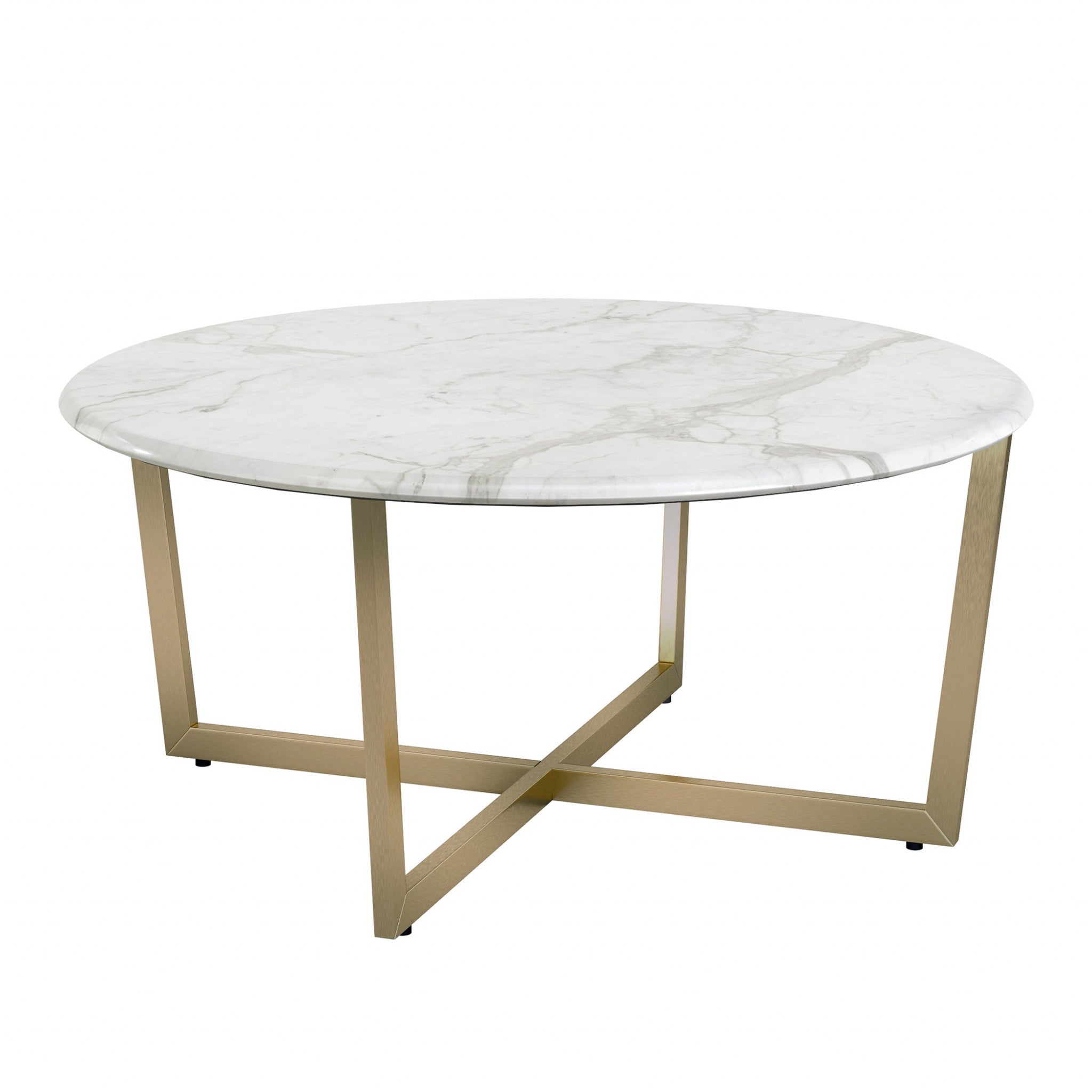 36" White and Gold Wood And Metal Round Cross Legs Coffee Table