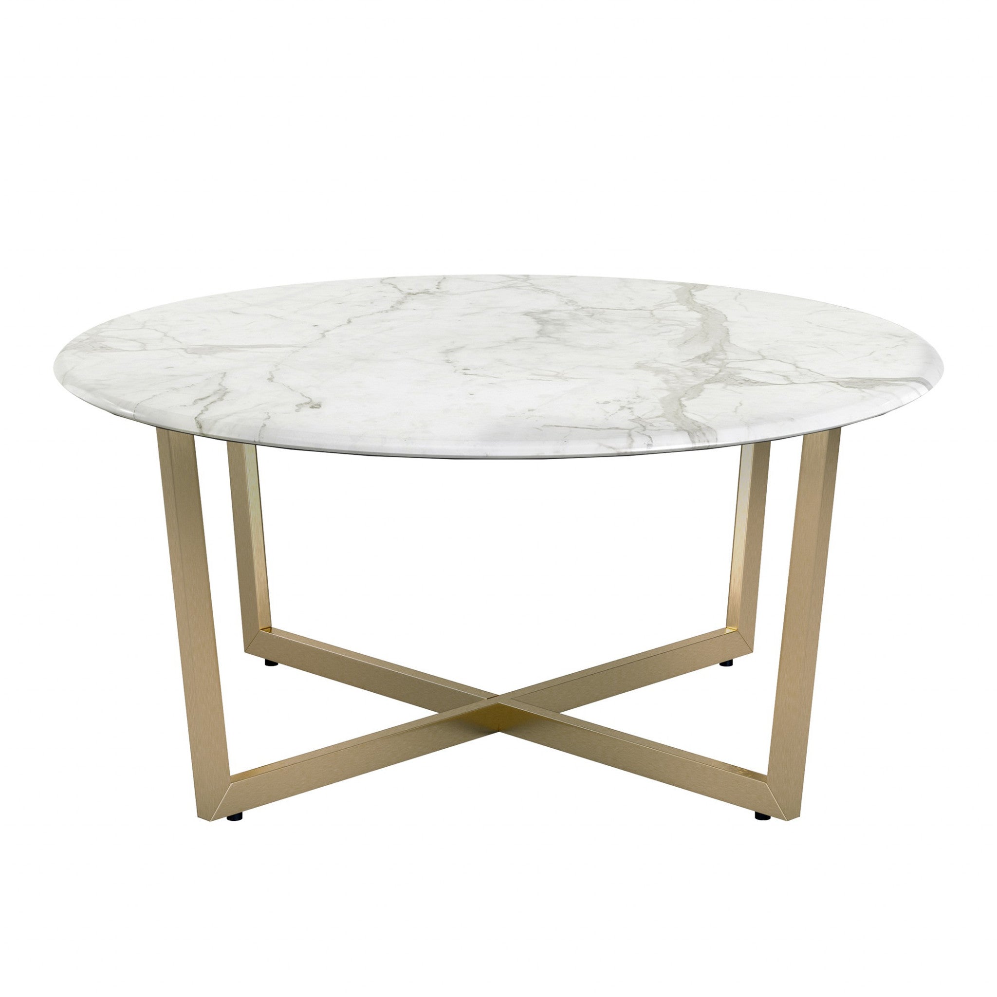 36" White and Gold Wood And Metal Round Cross Legs Coffee Table