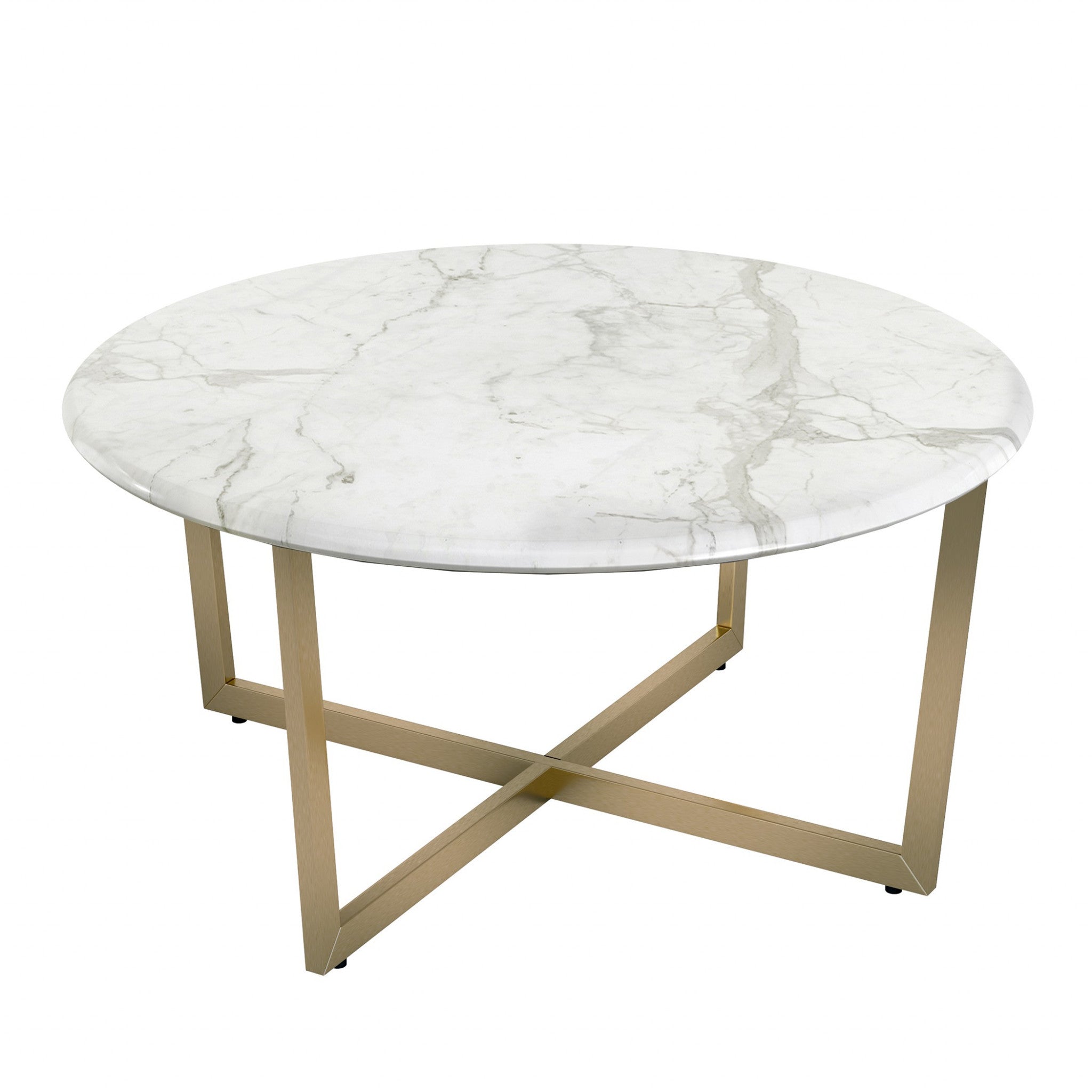 36" White and Gold Wood And Metal Round Cross Legs Coffee Table