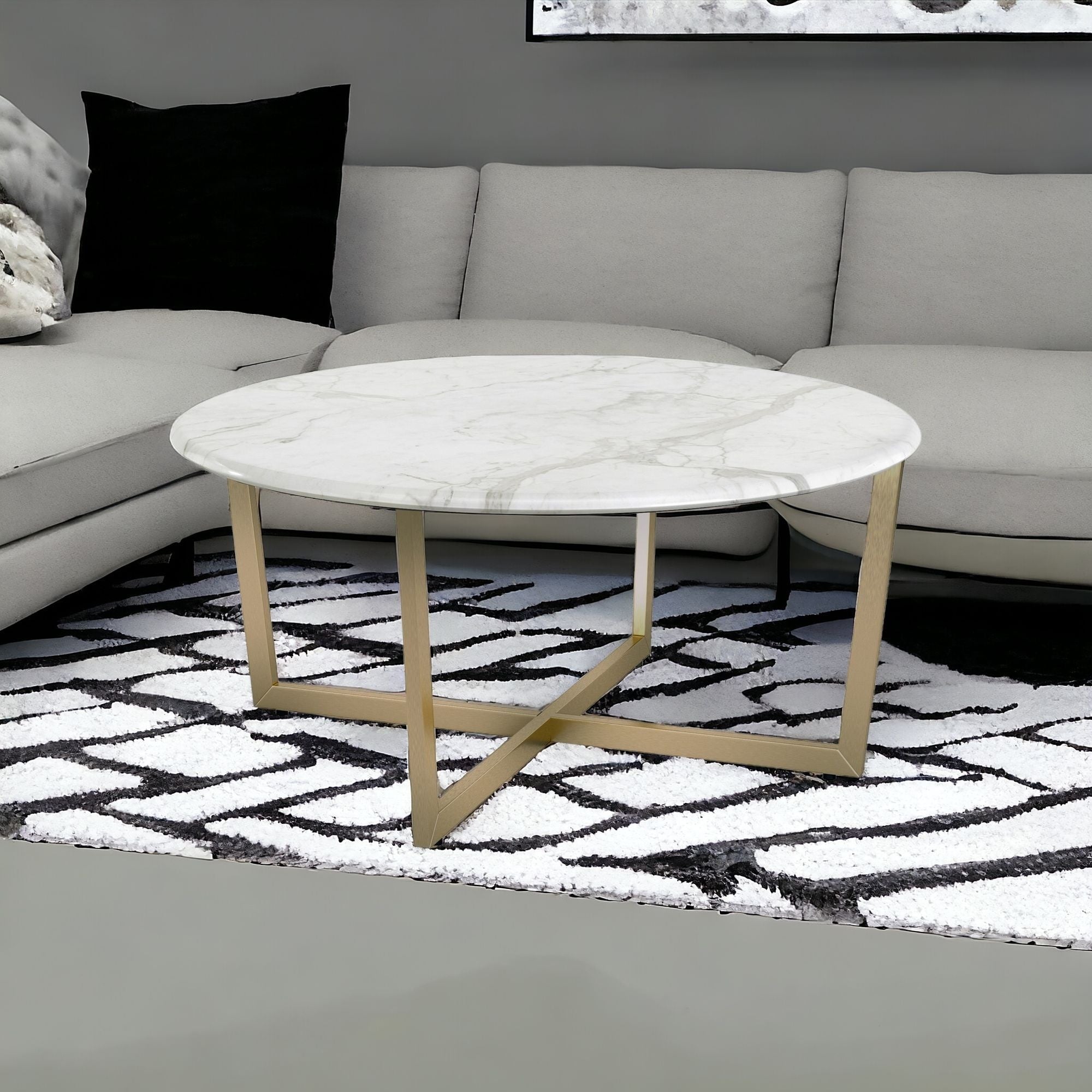 36" White And Gold Faux Marble Round Coffee Table