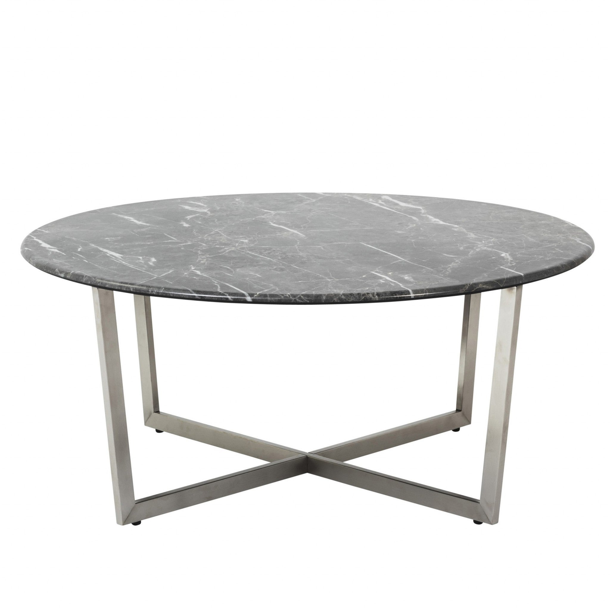 36" Black And Silver Faux Marble Round Coffee Table