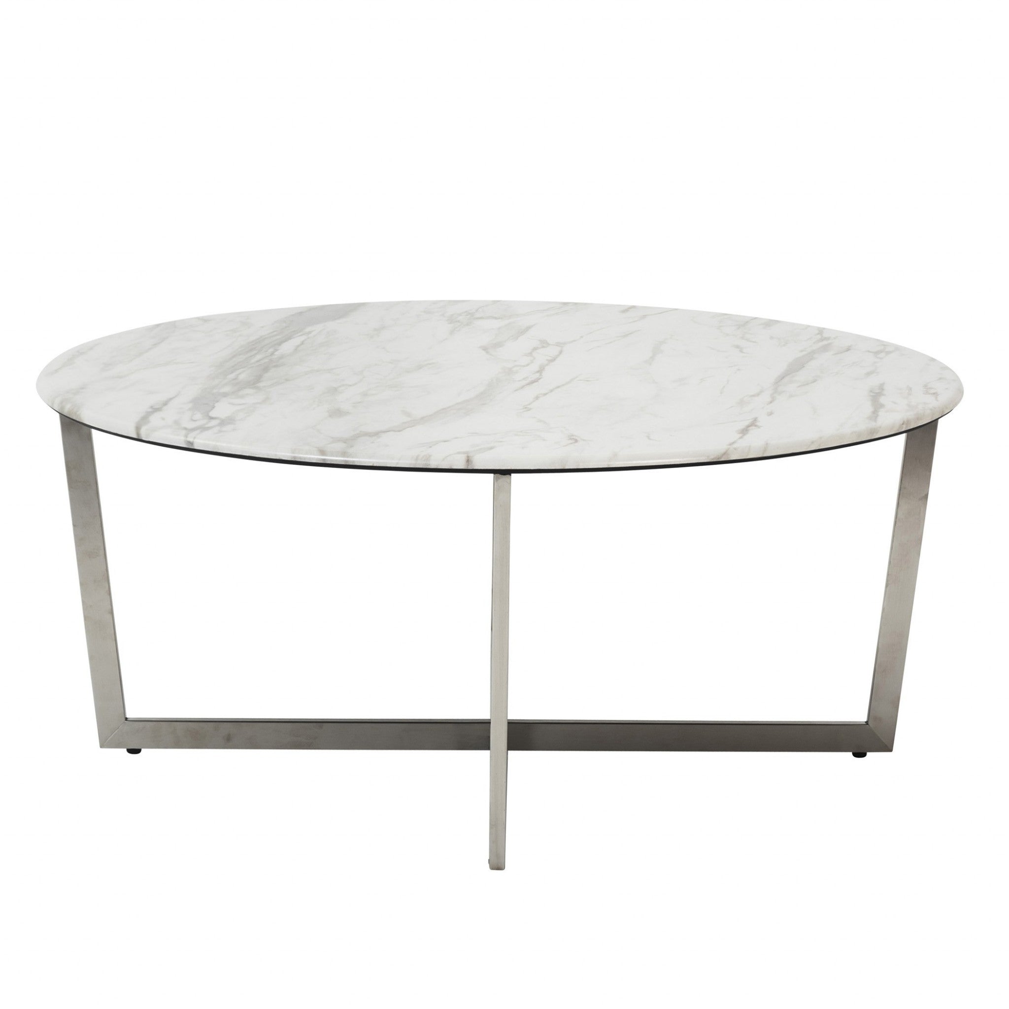 36" White and Silver Wood And Metal Round Cross Legs Coffee Table