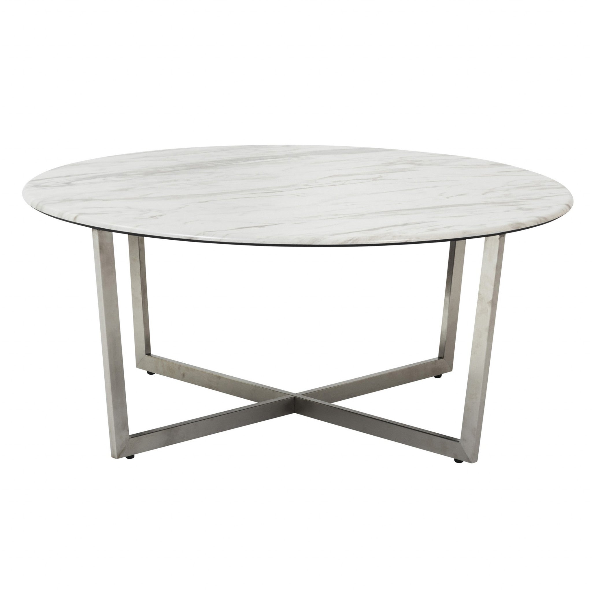 36" White and Silver Wood And Metal Round Cross Legs Coffee Table