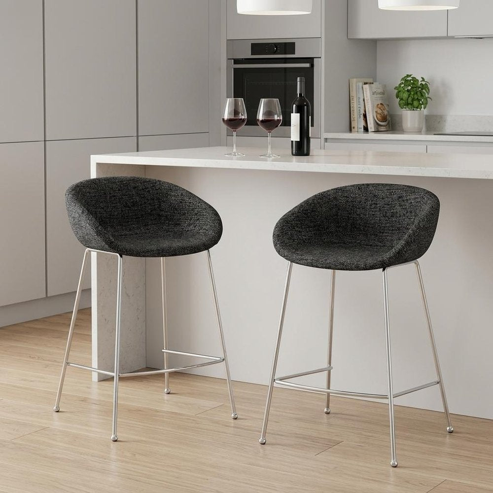 Set of Two 26" Black And Silver Fabric And Steel Low Back Counter Height Bar Chairs
