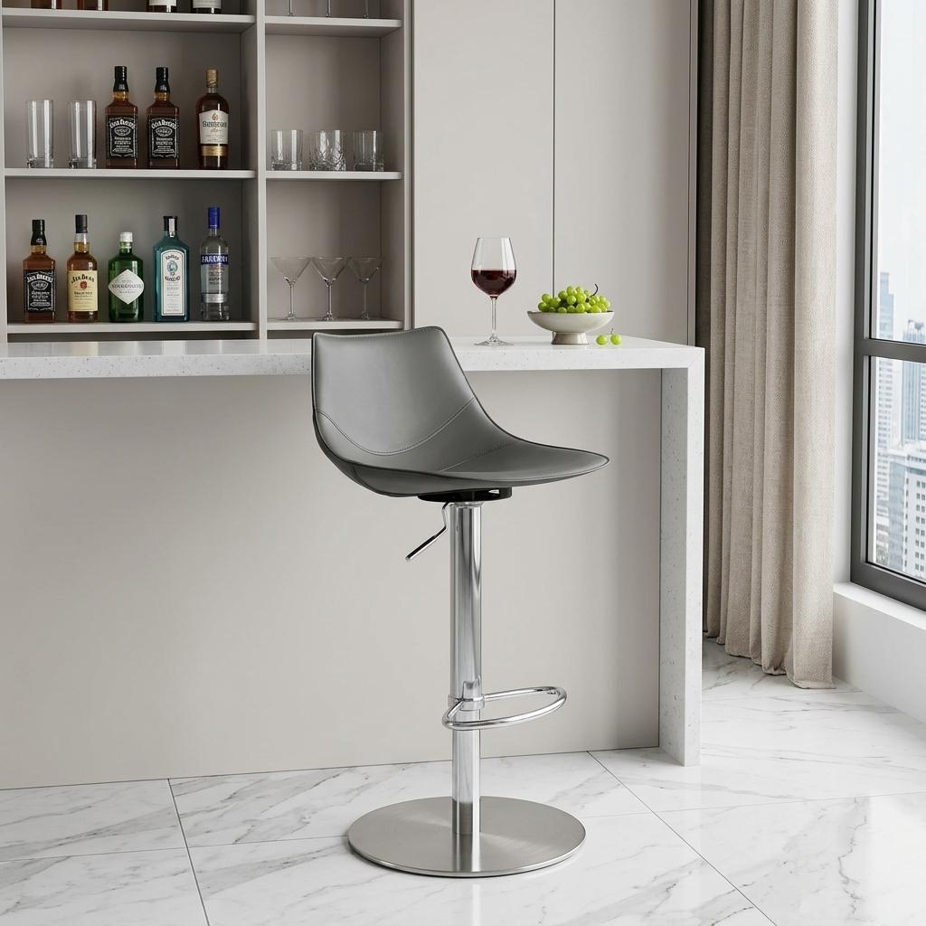Gray And Silver Steel Low Back Bar Height Swivel Bar Chair