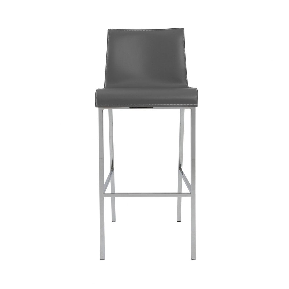 Set of Two 31" Gray And Silver Genuine Leather And Steel Low Back Bar Height Bar Chairs